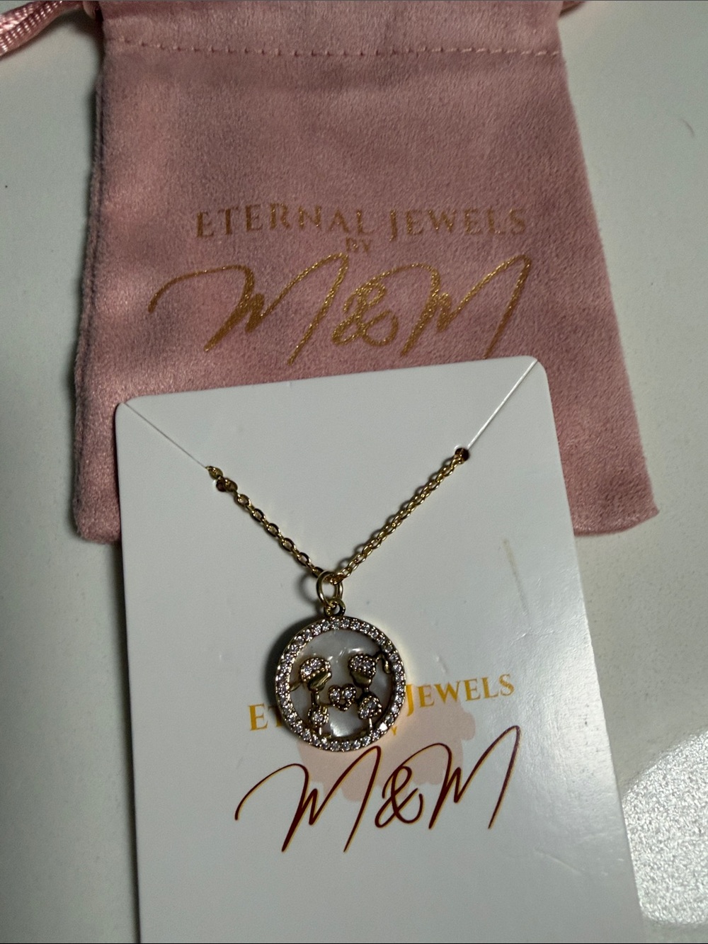 Gold-Tone Crystal boy and girl mom Pendant Necklace - Pink Pouch